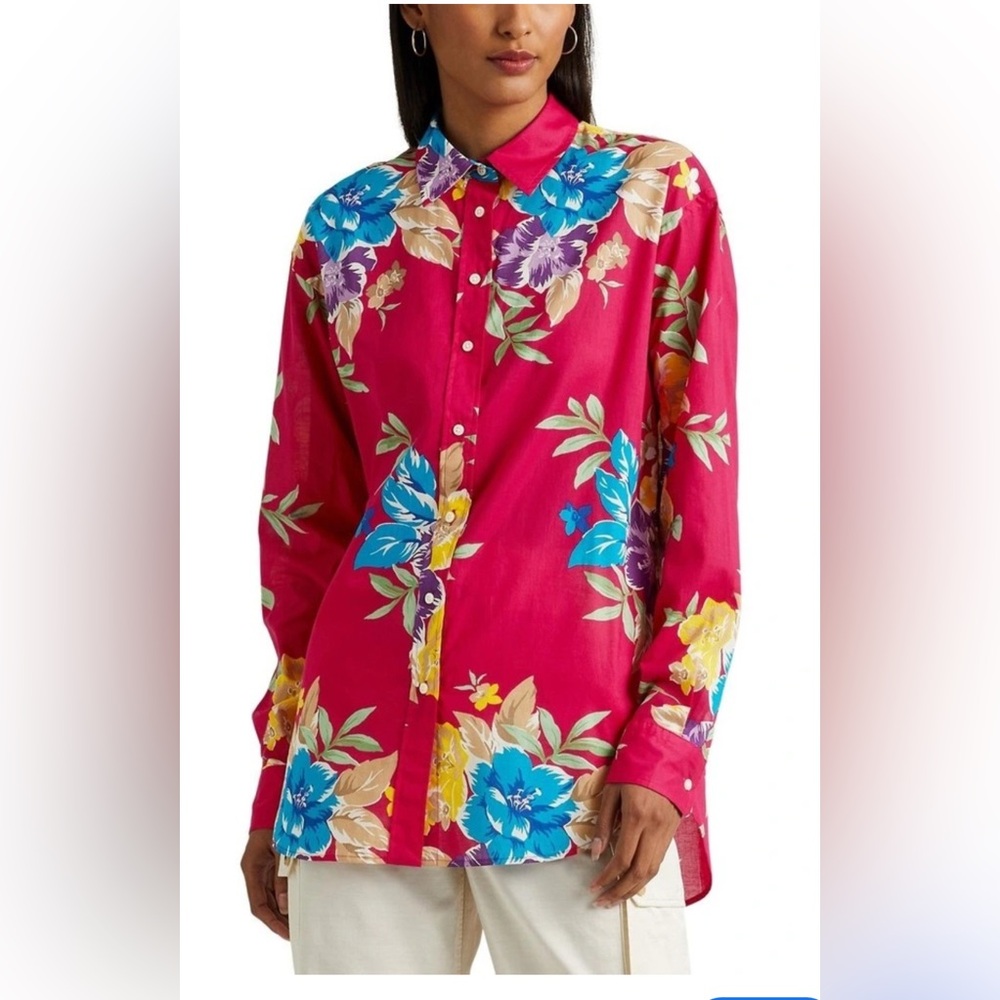 Lauren Ralph Lauren Pink Cotton Voile Tropical Floral Tunic Shirt‎ 1X NWT $99.50